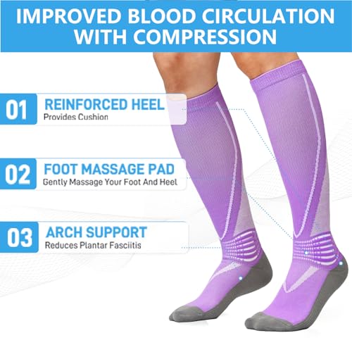 IRAMY Compression Socks Women Ankle Support Gradient Compression Wicking Moisture Knee High Socks 3 Packs - color: Pink+purple+blue-3 Packs, size: Medium