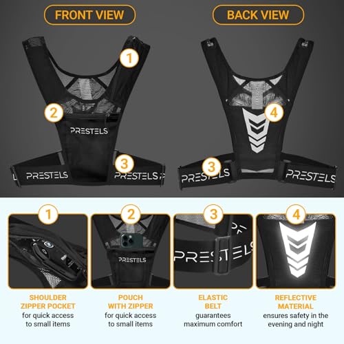 Running Vest Phone Holder for Men & Women, Reflective Running Chest Pack, Adjustable Breathable Vest with Multiple Pockets for Phone, Water Bottle, Keys & Essentials
