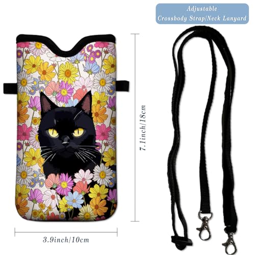 Universal Neoprene Cell Phone Pouch 7.1 X 4 in Mobile Protection Case Bag with Crossbody Strap/Neck Lanyard Black Cat Floral Printed Pattern - color: Black Cat Floral Printed Pattern