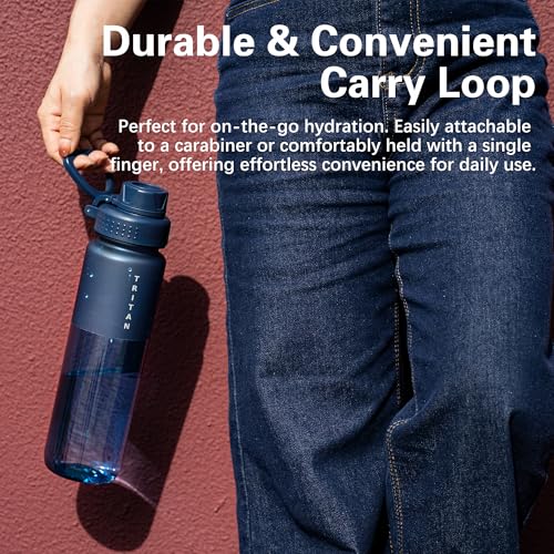 OLDLEY 32oz Water Bottle with Handle, BPA-Free Tritan Reusable Sports Water Bottle with Leak-Proof Dust Lid, Wide Mouth, Cup Holder Friendly, Half Frosted Clear Bottle for Gym, Travel, Work,Navy Blue - color: Navy Blue