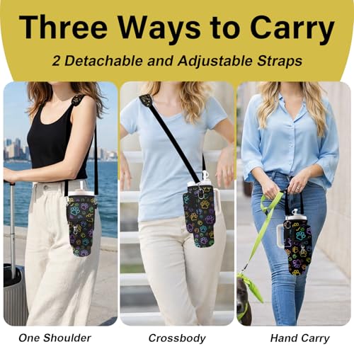 Water Bottle Carrier Bag for Stanley Cup 40/30oz, Neoprene Water Bottle Holder Pouch with 3 Pocket Adjustable Shoulder & Hand Strap - color: Neon Dog Paw