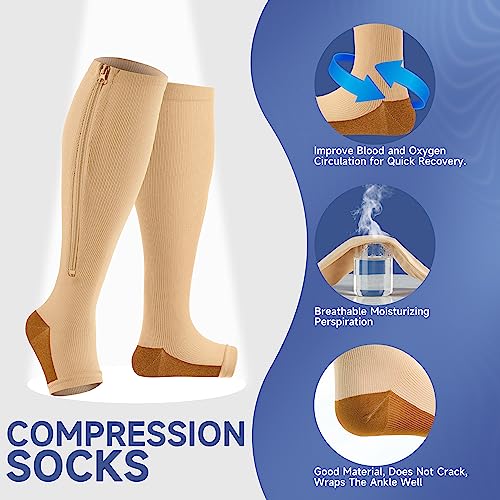 bropite Zipper Compression Socks Women & Men - 2Pairs Calf Knee High 15-20mmHg Open Toe Compression Stocking suit for Walking - color: Beige Copper Open Toe, size: Xx-large