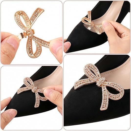 Stylish Bow Shoe Buckle with Sparkling Rhinestones Detachable Shoe Clip Charms for Women High Heels Replacement Accessories - color: golden