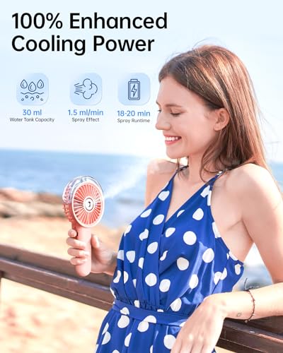 SWEETFULL Portable Misting Fan - 180° Foldable Handheld Personal Fan with Mist Spray, 3 Speeds, 30ml Water Tank, USB Rechargeable for Travel, Outdoors, Makeup, Camping, Home, and Office Use - color: Pink