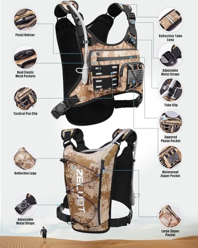 Zelvot Running Vest with 2L Water Bladder, Hydration Backpack, U.S. Design Patent, Lightweight Hydration Pack with Gear Holder, Reflective Chest Pack for Men Women - color: Camo Khaki, size: Medium-Large