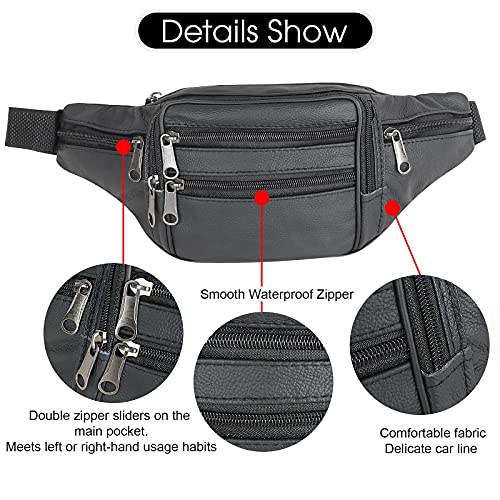Genuine Cowhide Leather Fanny Pack, Separate Storage 7 Pockets Waist Pack - color: black