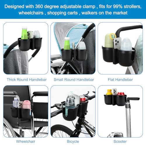 Accmor Stroller Cup Holder with Phone Holder, Bike Cup Holder, Walker Scooter Wheelchair Cup Holder Attachment, Universal Cup Holder for Uppababy Graco Strollers - color: Double Holder-Other Shape