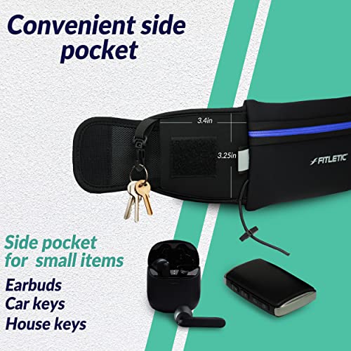 Fitletic - Ultimate II Running Pouch with Gels, Runners Pouch, Running Waist Belt with Gel Loops, Exterior Pocket, Inner Pocket, and Integrated Bib Toggles, Running Accessories - color: Blue & Black