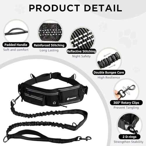 Hands Free Dog Leash with Waist Pack Bungee for Running Black - color: Black