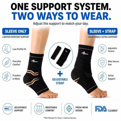 ABIRAM Ankle Brace Compression Sleeve with Adjustable Support Strap - color: Black, size: Large