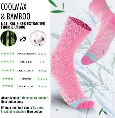 BRISIRA Coolmax Bamboo Viscose Compression Running Crew Socks Women - color: Black + White + Pink, size: 8-10