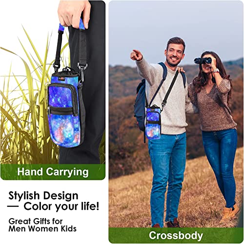 AUPET Water Bottle Sling Bag Sleeve Holder Carrier 25/32/40/64 oz,Insulated Crossbody Water Bottle Case Cover with Strap and Pockets for Men/Women Walking Hiking - color: blue starry sky, size: 25oz
