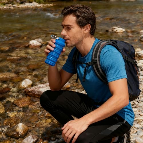Collapsible Water Bottle 16 oz - Reusable Silicone, Eco-Friendly, BPA-Free, Leak-Proof, Comes with a Carabiner Portable Collapsible Design, Suitable for Gym, Travel, Camping, Hiking, Sports