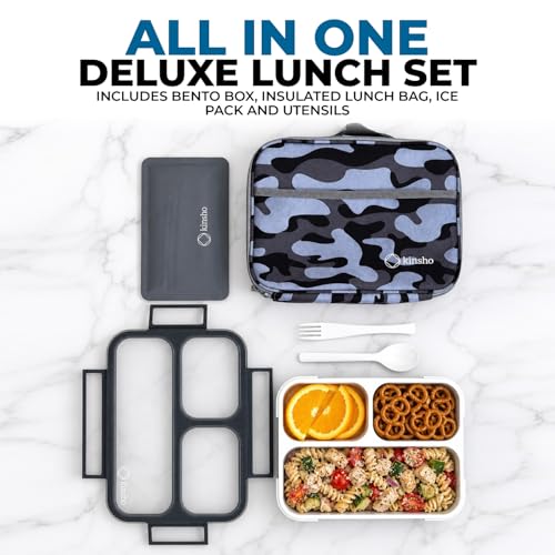 kinsho Camo Lunch Box, Ice Pack Insulated Bag for Teens Adults, Black Gray - color: Black with Camo Bag