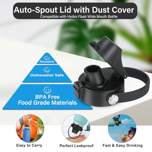 Auto Spout Lid for HydroFlask Wide Mouth Sport Water Bottles, Replacement Lid for Hydro Flask Wide Mouth 12, 16, 18, 32, 40, 64oz, Chug Lid with Flexible Handle, Button Lock, Black - color: White