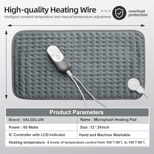 VALGELUIK Heating Pad for Back Pain Relief, 12"x24" Electric Heat Pad Gifts - color: Light Gray, size: 12 Inch x 24 Inch