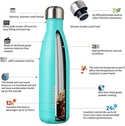 BJPKPK 17 oz Insulated Water Bottle, Stainless Steel Flask, Leak Proof - color: A-Turquoise, size: 17 Ounces