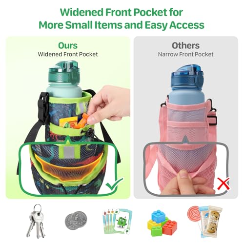 Mesh Water Bottle Carrier for Kids - Lightweight Water Bottle Holder with Adjustable Strap, Crossbody Sling Bag Fits 10-18 oz, Ideal for Walking Hiking Camping, Black Dinosaur - color: 2-Black Dinosaur
