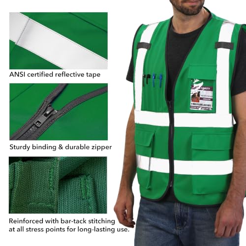 Dib Safety Hi Vis Reflective Safety Vest for Men Women with Pockets Zipper - color: Green, size: Large