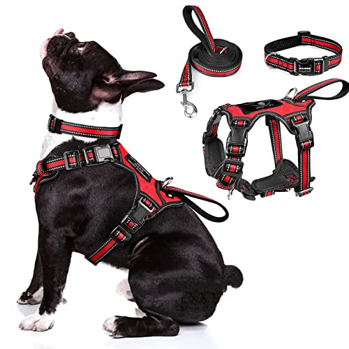WINSEE Pet Harness Collar and Leash Set, All-in-one Reflective Dog Harness No Pull with Adjustable Buckles for Puppies, Small, Medium, Large, and Extra-Large Dogs (Medium, Red) - color: Red, size: Medium