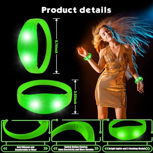 12 Pcs LED Glow Bracelets Sound Activated Flashing Light Up Bracelet for New Years Eve Glow in the Dark Party Supplies Christmas Party Favors Birthday Gift Carnival Concerts Night Events - color: Green