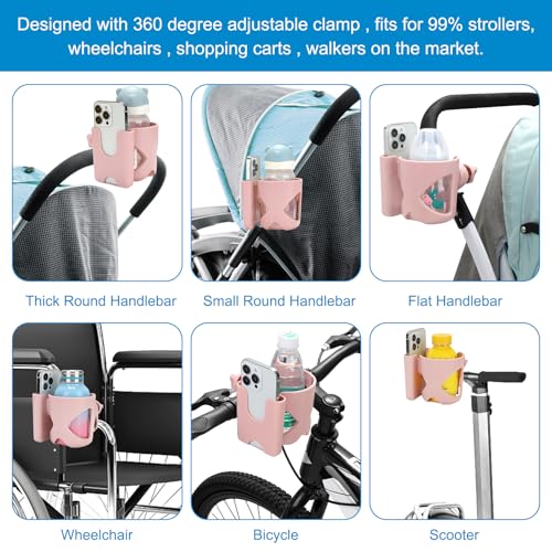 Accmor Stroller Cup Holder, Universal Cup Holder for Walker Wheelchair Bike Scooter, 360° Rotatable Stroller Cup Holder Attachment Walker Wheelchair Accessory - color: Cup Phone Holder-Pink