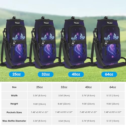 ToLuLu 25/32/40oz Water Bottle Carrier Bag Pocket,Insulated Neoprene Adjustable Shoulder Strap Water Bottle Pouch Case, Crossbody Water Bottle Holder Sling Sleeve for Men Women Adults - color: Purple Butterfly, size: 25 OZ
