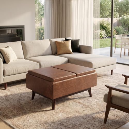 SIMPLIHOME Owen 34" Wide Vegan Leather Tray Top Ottoman in Saddle Brown - color: Distressed Saddle Brown