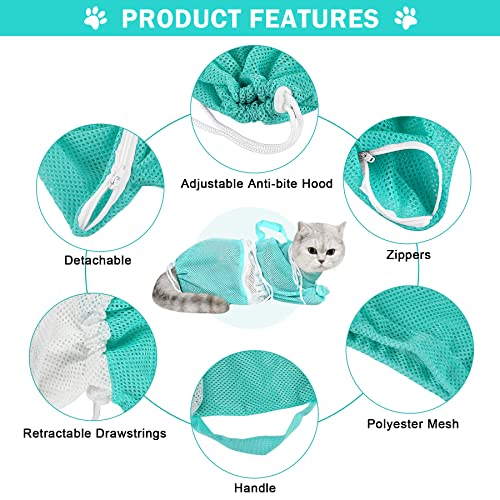 JULMELON 10 PCS Cat Washing Bag for Bath Shower Adjustable Net Grooming Set - color: Grey+Green