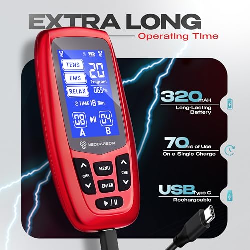 NEOCARBON TENS Unit Muscle Stimulator Ergo Machine for Pain Relief, Red - color: Red