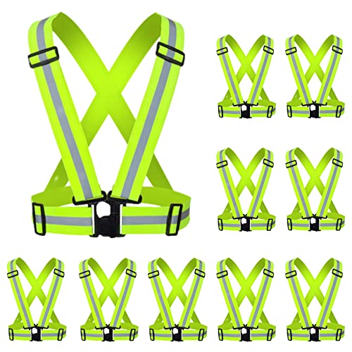 Reflective Strap Safety Vest Gear - 2-10 Pack Adjustable High Visible Reflective Running Gear for Women Men Night - color: Green x10
