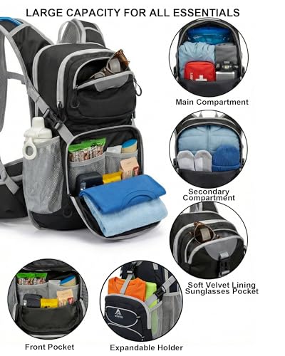 VPBAGE Hydration Backpack with 2L Bladder – Thermal Insulated Water Pack for Hiking, Skiing, Running – Lightweight Daypack for Men & Women, Soft-Lined Sunglasses Pocket & Large Waist Pockets - color: Black