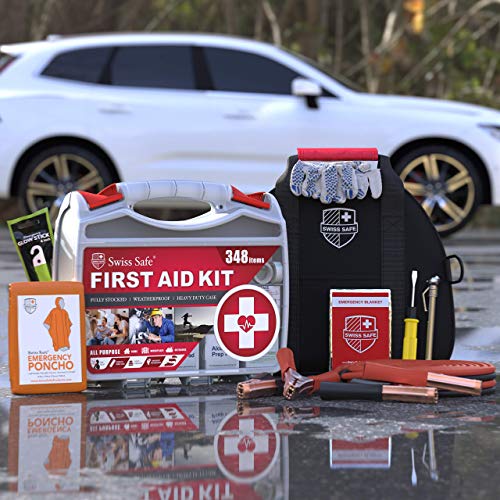 Swiss Safe 2-in-1 378-Pcs Car First Aid Kit, Jumper Cables, Essentials
