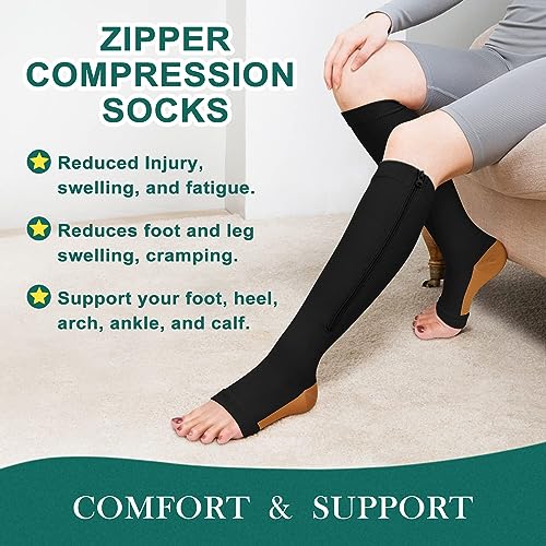 CTHH Zipper Compression Socks for Women and Men Toeless Knee High Stocking - color: Black/Yellow, size: Large-X-Large