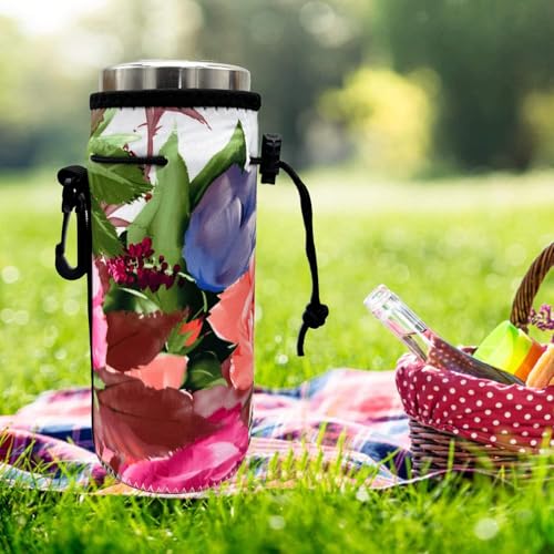 Wanty Neoprene 20 Oz Insulated Water Drink Bottle Cooler Carrier Cover Sleeve Tote Bag Pouch Holder Strap for Climbing Cycling and Running Outdoor Activities (Peony) - color: Peony