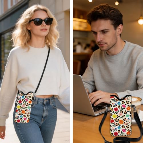 GLOBLELAND Flower Nylon Cell Phone Sleeve Pouch Case Bag 7.1×3.9 inch Leopard Print Shockproof Universal Phone Bag with Crossbody Strap Neck Lanyard for Women Men Phone Headphones Watch - color: Flowers