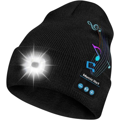 Bosttor Bluetooth Beanie Hat with Light, Headlamp Cap with Headphones and Built-in Speaker Mic, Gifts for Men Women Teen - color: Black