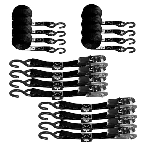 Jack Boss 1500 lbs Break Strength Ratchet Tie Down Straps Set,1" x 15' Heavy Duty Ratchet Straps with Coated S Hook, Fits for Moving Appliances Motorcycle ATV Truck, Black - color: Black-8pcs