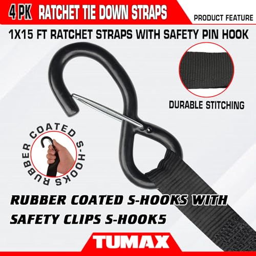 15 FT Ratchet Straps 4-PK 2000 lbs Heavy Duty Cargo Tie Down Straps - size: 2000lbs-Black