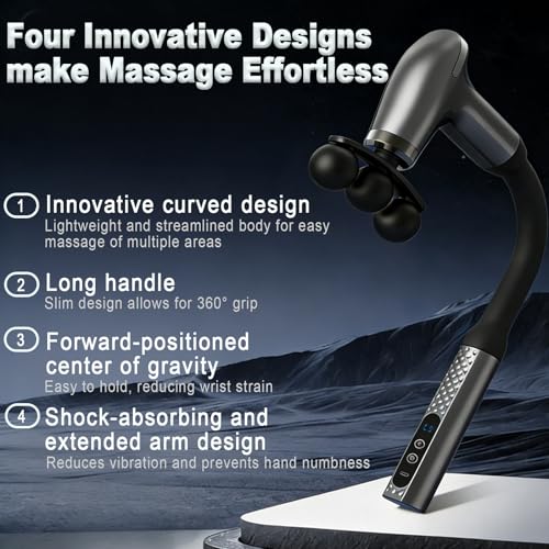 Massage Gun with Upgraded Extension Handle, Back Massager for Pain Relief Deep Tissue, 12MM Percussion Less-Shock Neck/Foot/Leg/Shoulder Massager, 9 Speed Levels & 5 Replaceable Heads (Space Silver) - color: Space Silver