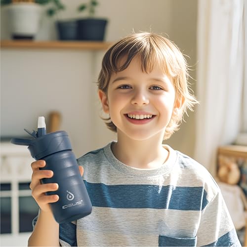 IDEUS 12oz Insulated Stainless Steel Water Bottle with 2 Leak-Proof Lids - color: Navy Blue, size: 12 Ounces