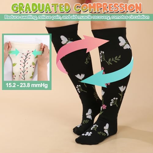 Jspupifip 6 Pairs Plus Size Compression Socks for Women, Wide Calf - color: Black White Beige, size: 3X-Large