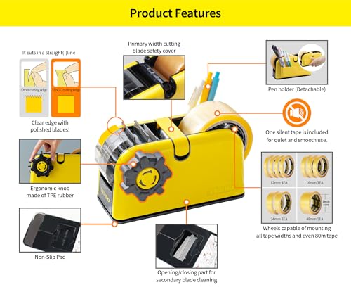 [TENDO°] TENDO Multi-Section Tape Dispenser, Custom Width Tape Cutter with 4 Cutting Sections, Built-in Safety Blade, Ergonomic Grip for Packing and Office Use, ZO-508(Yellow) - color: Yellow