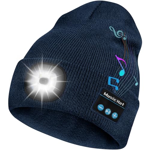 Bosttor Bluetooth Beanie Hat with Light, Headlamp Cap with Headphones and Built-in Speaker Mic, Gifts for Men Women Teen - color: Navy Blue