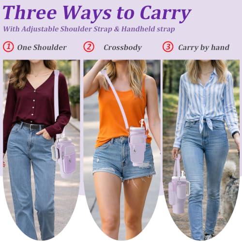 Water Bottle Carrier Bag for Stanley 40/30oz Cup Tumbler with Phone Pocket,Insulated Crossbody Water Bottle Holder with Adjustable Strap,Water Bottle Sling Pouch for Hiking Walking Camping Accessories - color: Purple