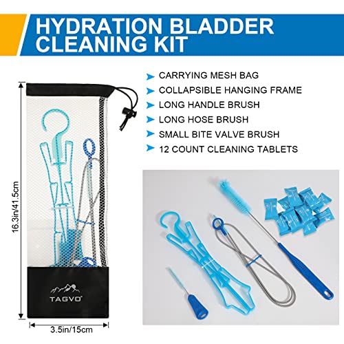 TAGVO Hydration Bladder Cleaning Kit, 6 in 1 Water Bladder Cleaner Set - 3 Brushes, Collapsible Hanger, 12 Cleaning Tablets & Carry Pouch, Water Reservoir Backpack Cleaning Tools