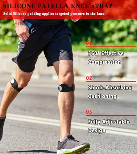 2 Pcs Silicone Patellar Tendon Support Strap, Knee Brace for Knee Pain Relief, Patella Band for Basketball, Jumpers Knee, Tendonitis, Running (Black) - color: Black