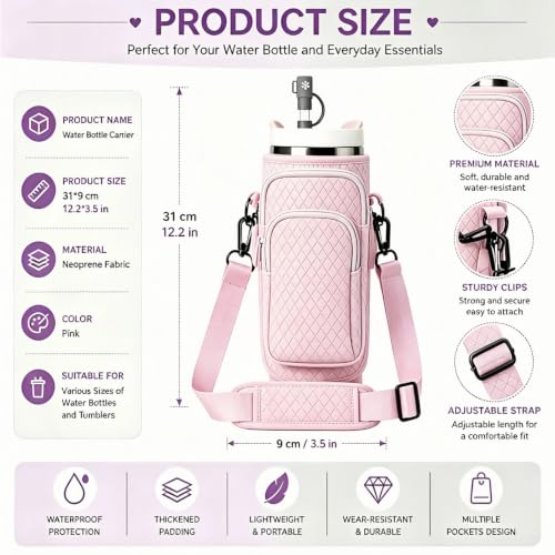 Water Bottle Carrier Bag with Phone Pocket for Stanley 40oz Cup Tumbler Crossbody Sling Pouch Adjustable Shoulder Strap Holder Sleeve for Stanley Cup Carry All Gym Hiking Walking Travel
