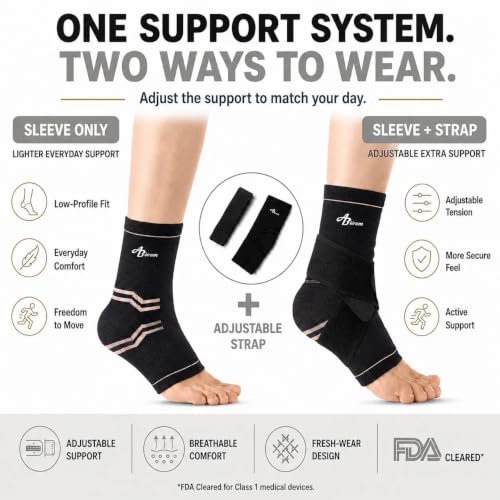 ABIRAM Ankle Brace Compression Sleeve with Adjustable Support Strap - color: Black, size: XX-Large