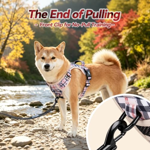 PoyPet Plaid Dog Harness Small, No Pull Vest with Front Clip & Neck Buckle - color: Checkered Beige, size: S